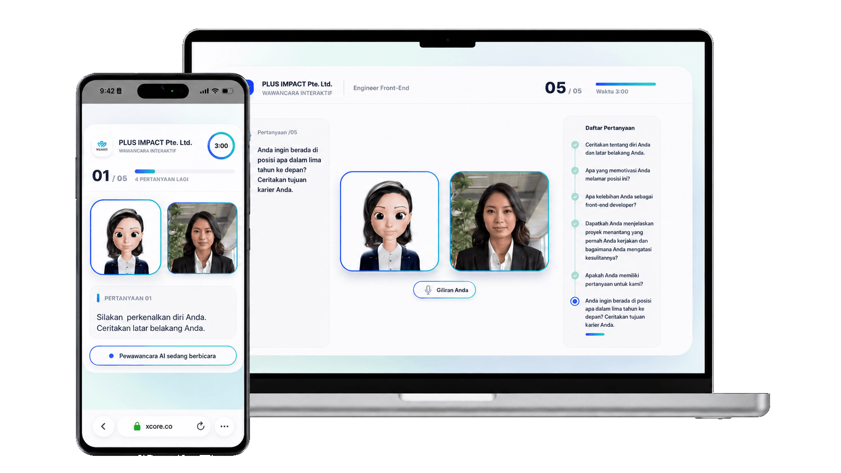 Tampilan produk xCORE AI Interview dalam Bahasa Indonesia di smartphone dan laptop