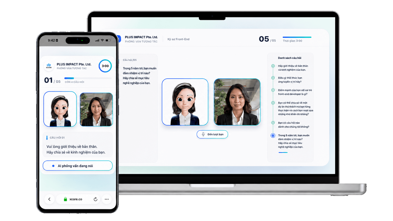 Màn hình sản phẩm xCORE AI Interview bằng tiếng Việt trên điện thoại và laptop
