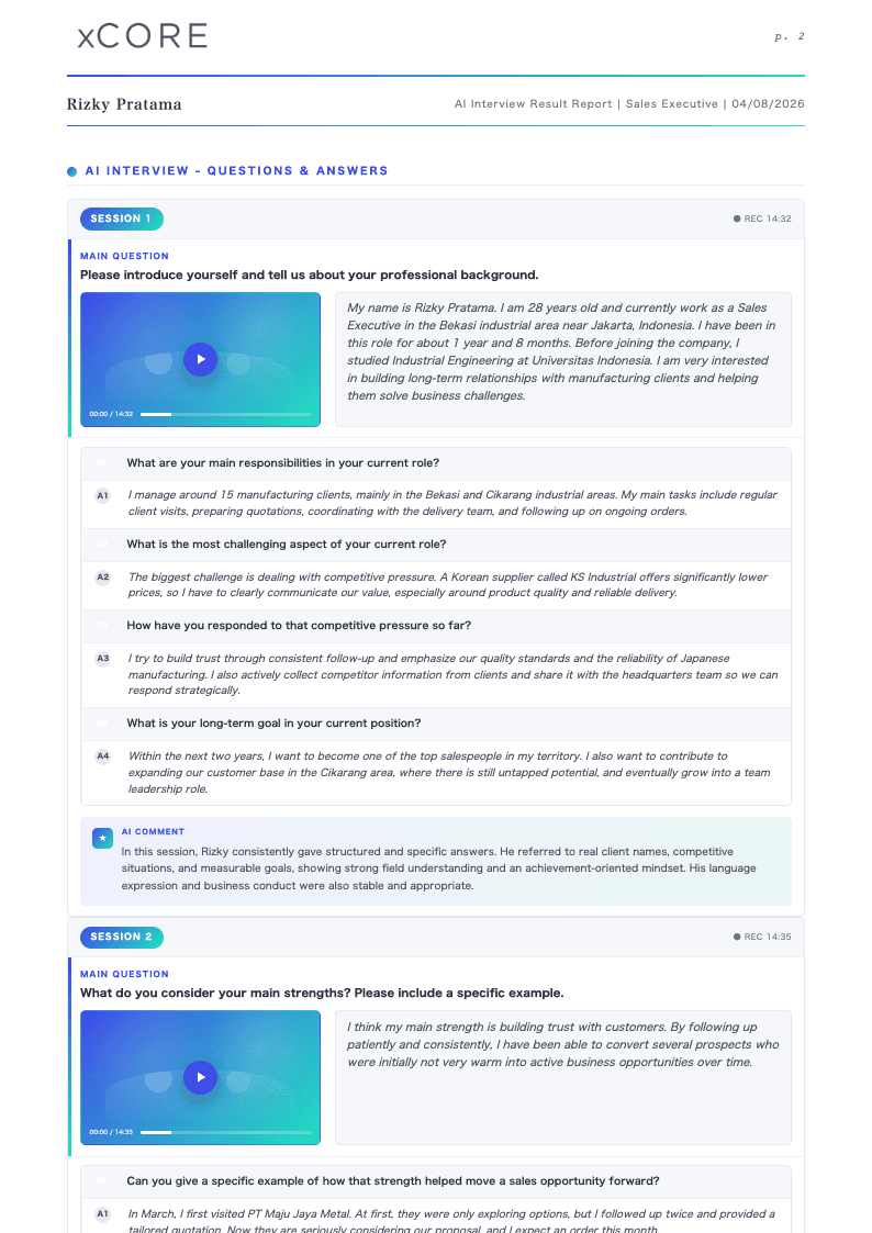 Question and answer preview page of the xCORE AI Interview report