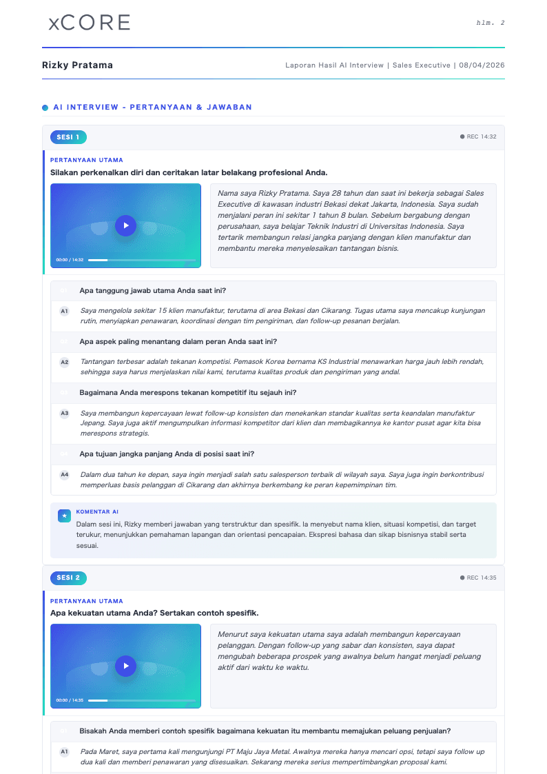 Question and answer preview page of the xCORE AI Wawancara report