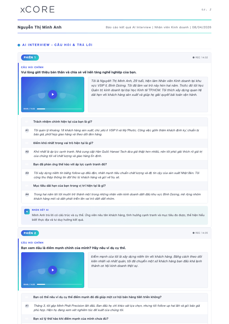 Question and answer preview page of the xCORE AI Phỏng vấn report