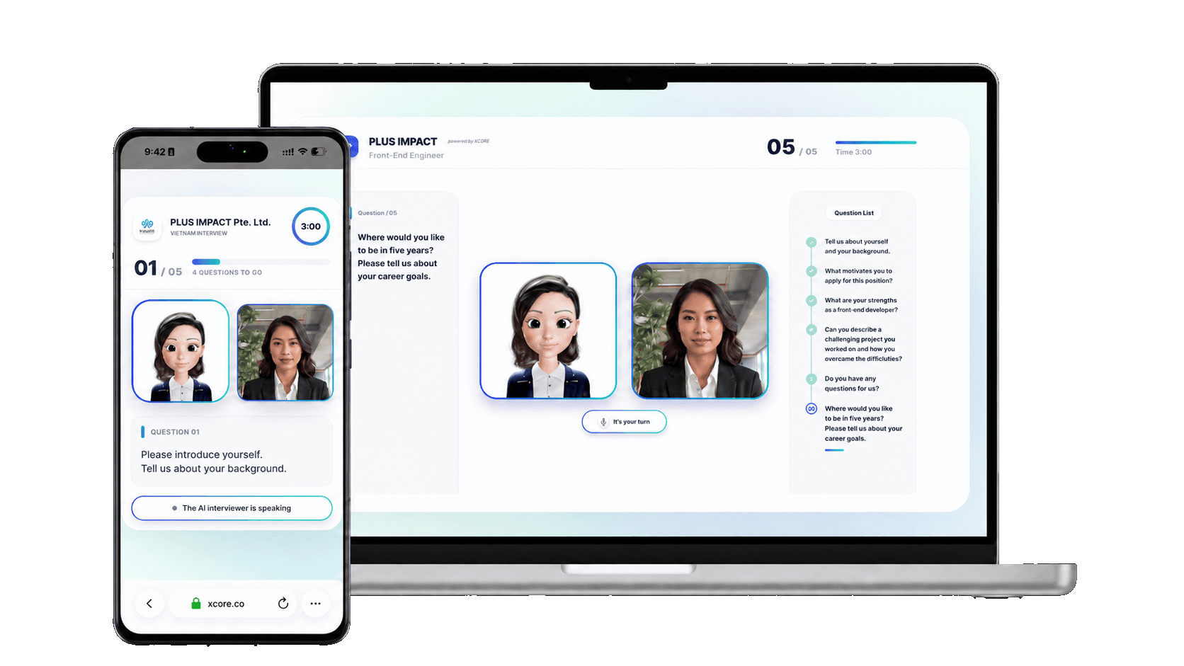 Product image showing xCORE AI Interview in English on a smartphone and laptop
